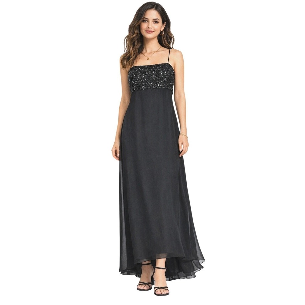Black Chiffon Formal Beaded Maxi Dress M Y2K Empire Waist Asymmetric Whimsigoth